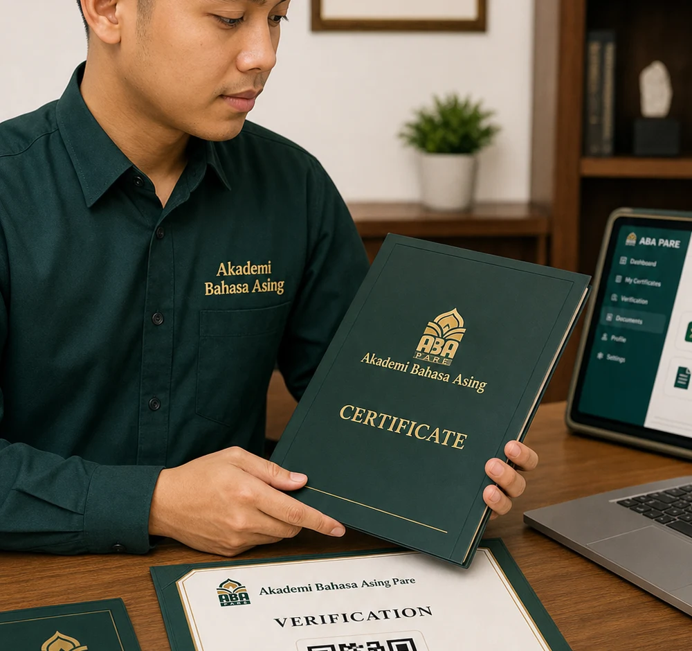 ABA Pare participant wearing Akademi Bahasa Asing embroidered clothing for certificate benefits and document verification