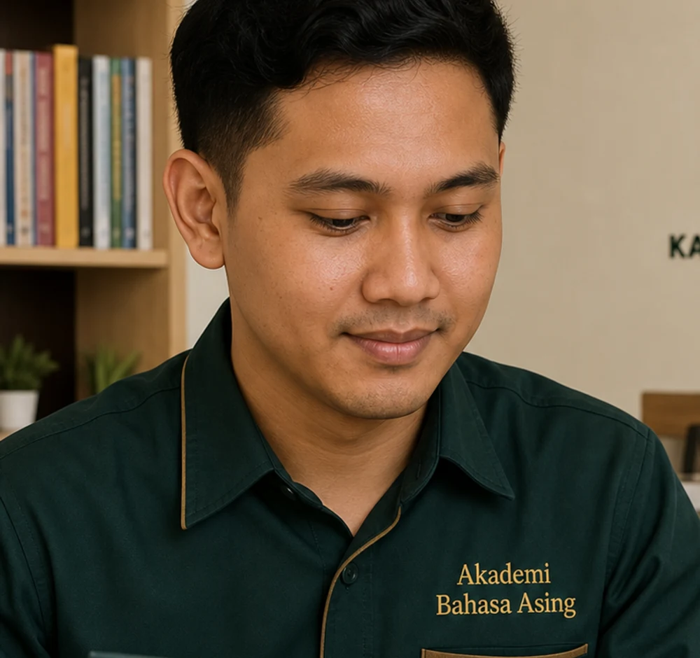 Peserta ABA Pare memakai baju berbordir Akademi Bahasa Asing untuk manfaat sertifikat dan verifikasi dokumen