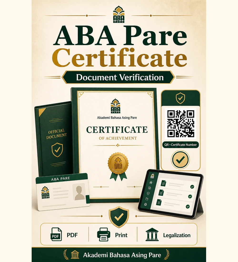 ABA Pare certificate and document verification poster with QR and certificate number