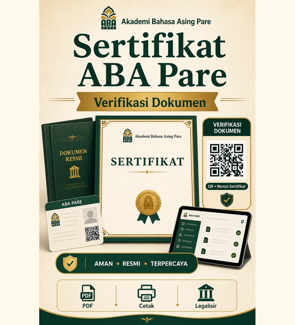 Poster Sertifikat ABA Pare dan verifikasi dokumen dengan QR dan nomor sertifikat